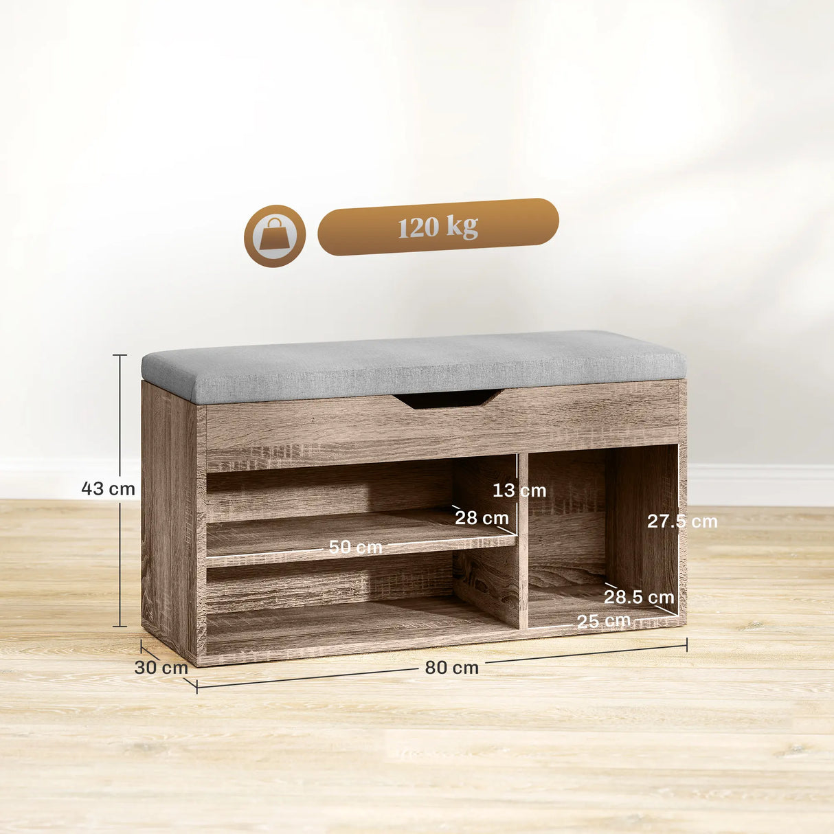 HOMCOM Shoes Cabinet Bench Hidden Storage Padded Seat Organiser Footwear Rack Hallway Grey Wood Grain