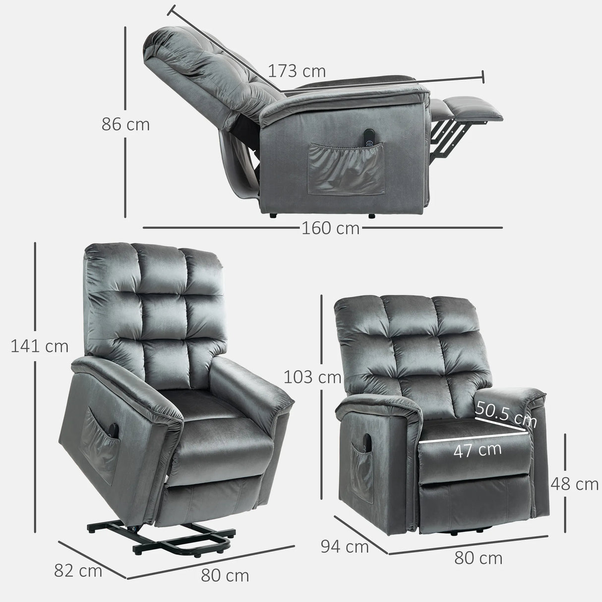 HOMCOM Velvet-Feel Electric Lift Recliner Chair - Dark Grey