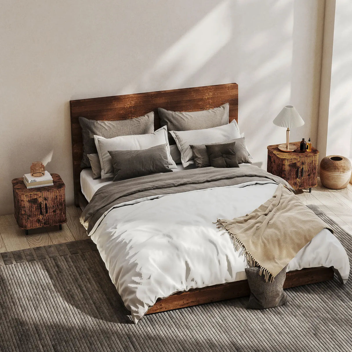 HOMCOM Bedside Table, Nordic Side Table with Roller Shutter Style Sliding Doors and Metal Legs for Bedroom, Living Room, Rustic Brown