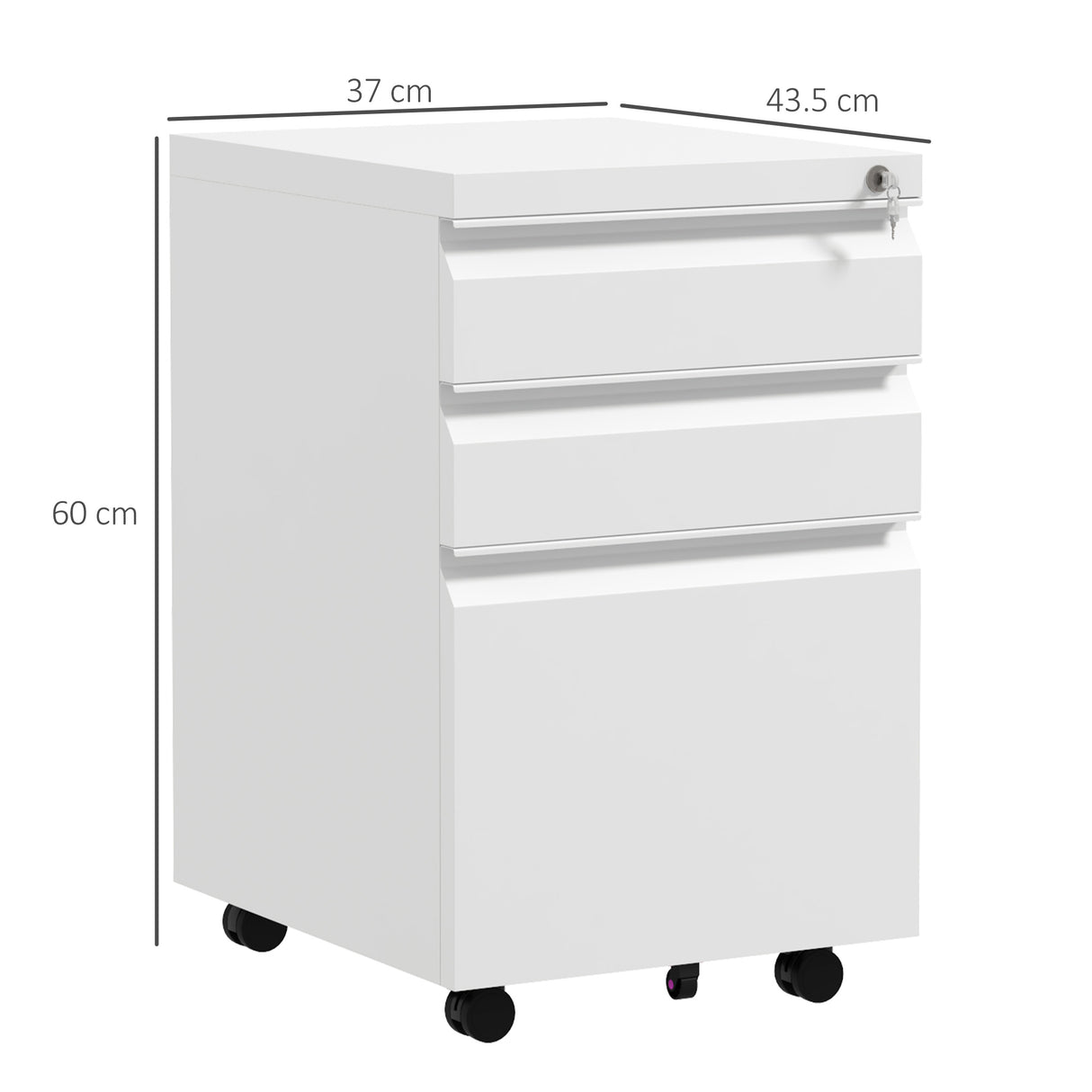 Vinsetto 3-Drawer Filing Cabinet with Lock, Mobile Steel File Cabinet for A4, Legal and Letter Size, Under Desk Drawers with Pre-Assembled Body for Home Office, 37 x 43.5 x 60 cm, White