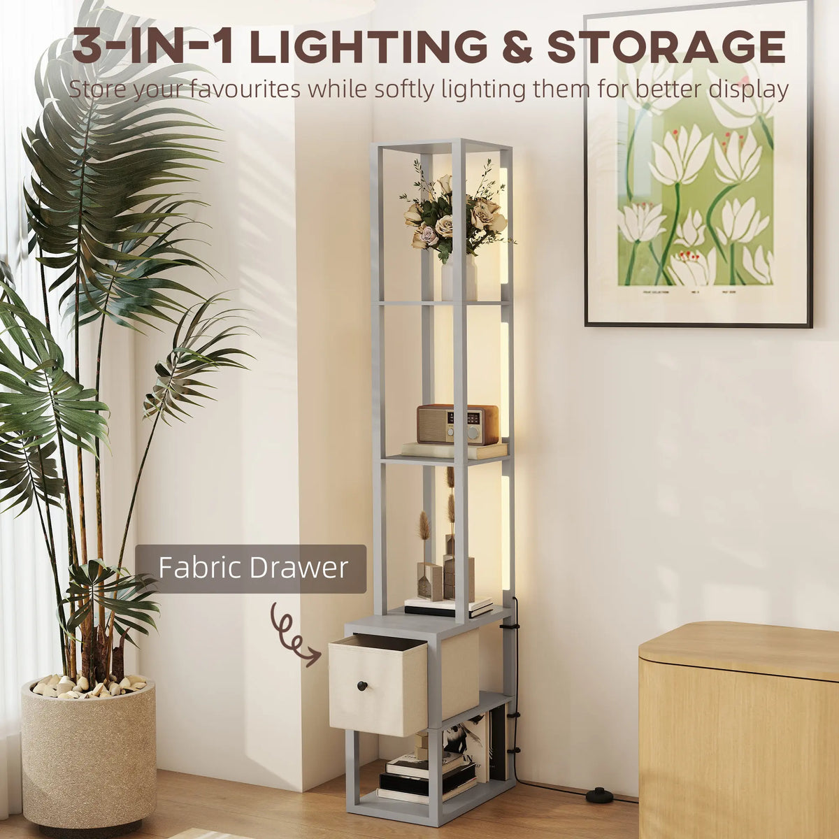 HOMCOM Floor Lamp with Shelves, LED Column Modern Standing Lamp with Fabric Drawer, Adjustable Brightness, Foot Switch for Living Room, Bedroom, Office, Grey