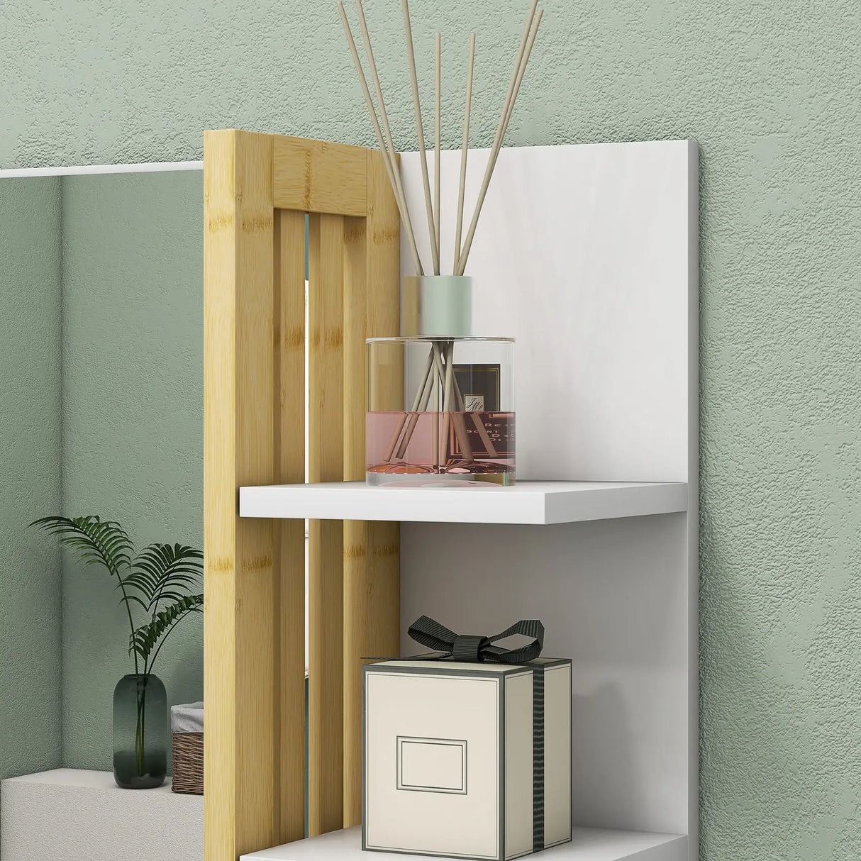 HOMCOM Bamboo Panel Bathroom Mirror, with Shelves - White