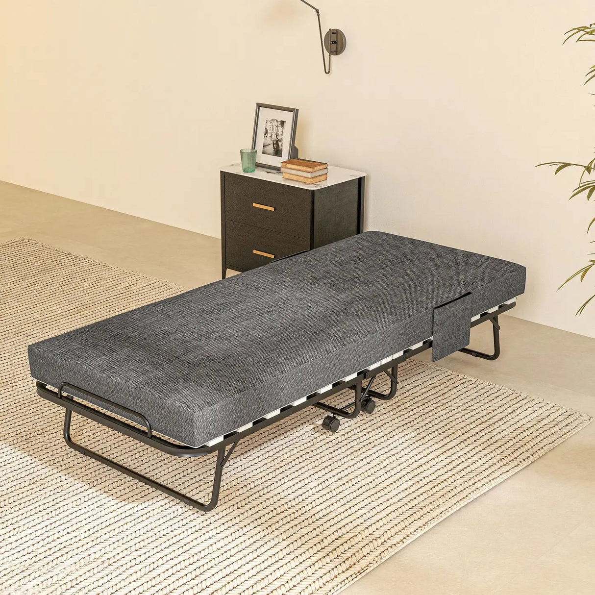 HOMCOM Single Steel Frame Folding Bed, with Wheels - Black/Grey