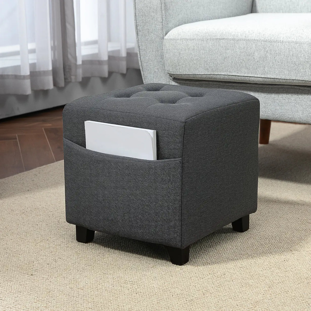 HOMCOM Square Footstool, Small Ottoman with Side Pocket, Linen Fabric Footrest Foot Stool with Rubber Wood Legs and Padded Seat for Living Room, Bedroom, Entryway, 35 x 35 x 35cm, Grey