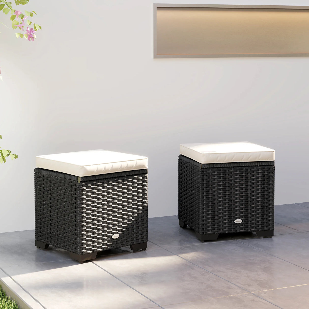 Outsunny Set of 2 Rattan Storage Ottoman, Outdoor Footstool with Removable Cushions, Garden Storage Seat for Balcony, Porch, Living Room, Cream
