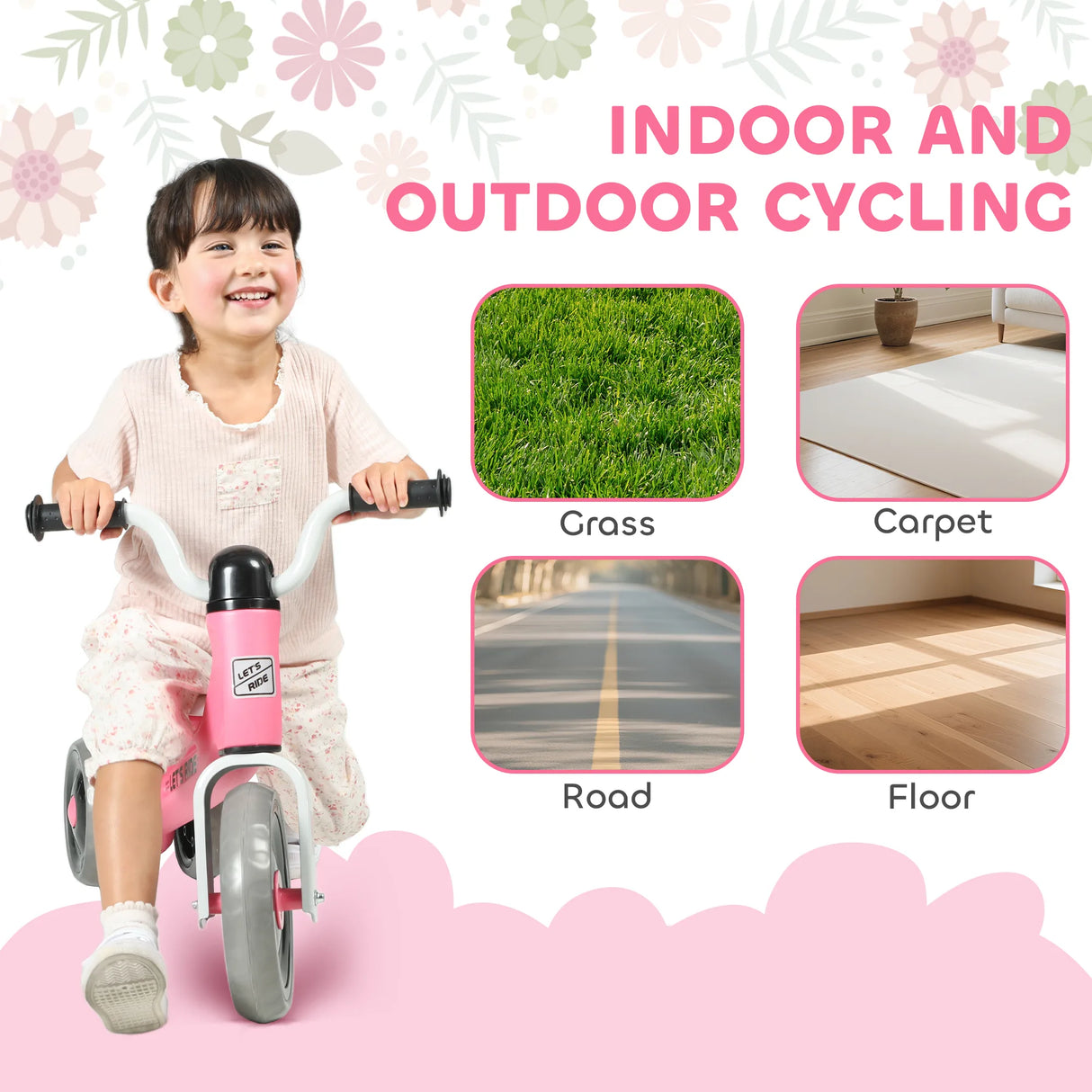 AIYAPLAY Toddler Balance Bike with No Pedal, 3 Silence Wheels for 12-36 Months Boys and Girls, Indoor Outdoor, Pink