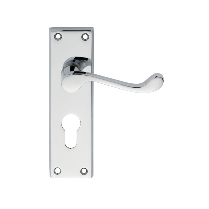 VICTORIAN SCROLL LEVER ON BACKPLATE - LOCK EURO PROFILE 47.5MM C/C (CONTRACT RANGE) - POLISHED CHROME - 155MM X 40MM - PAIR