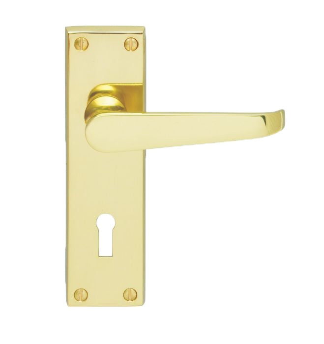 VICTORIAN FLAT LEVER ON BACKPLATE - LOCK 57MM C/C (CONTRACT RANGE) - POLISHED BRASS - 155MM X 40MM - PAIR