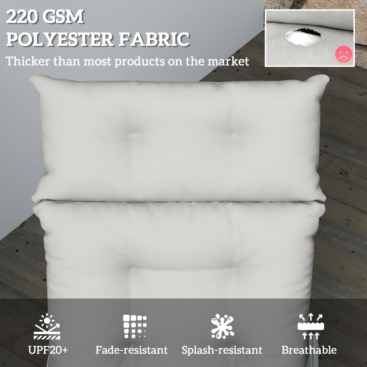 Outsunny Sun Lounger Cushions Only, 190x56x10cm Garden Lounge Chair Cushions, UPF20+ 220gsm Fabric, Thick Sunbed Replacement Pads with 6 Ties, Light Grey