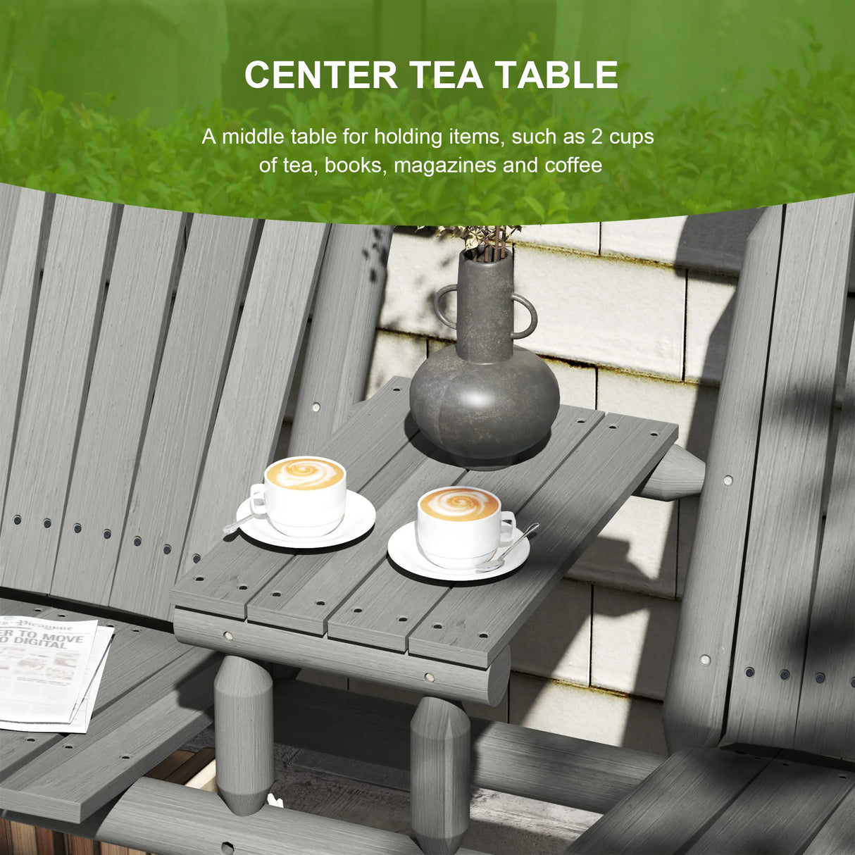 Outsunny Wood Patio Chair Bench 2 Seats w/ Centre Coffee Table, Garden Bench, Grey