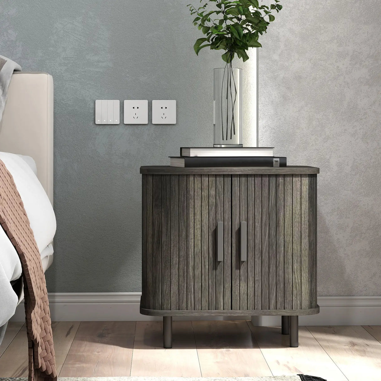 HOMCOM Bedside Table, Nordic Side Table with Roller Shutter Style Sliding Doors and Metal Legs for Bedroom, Living Room, Grey