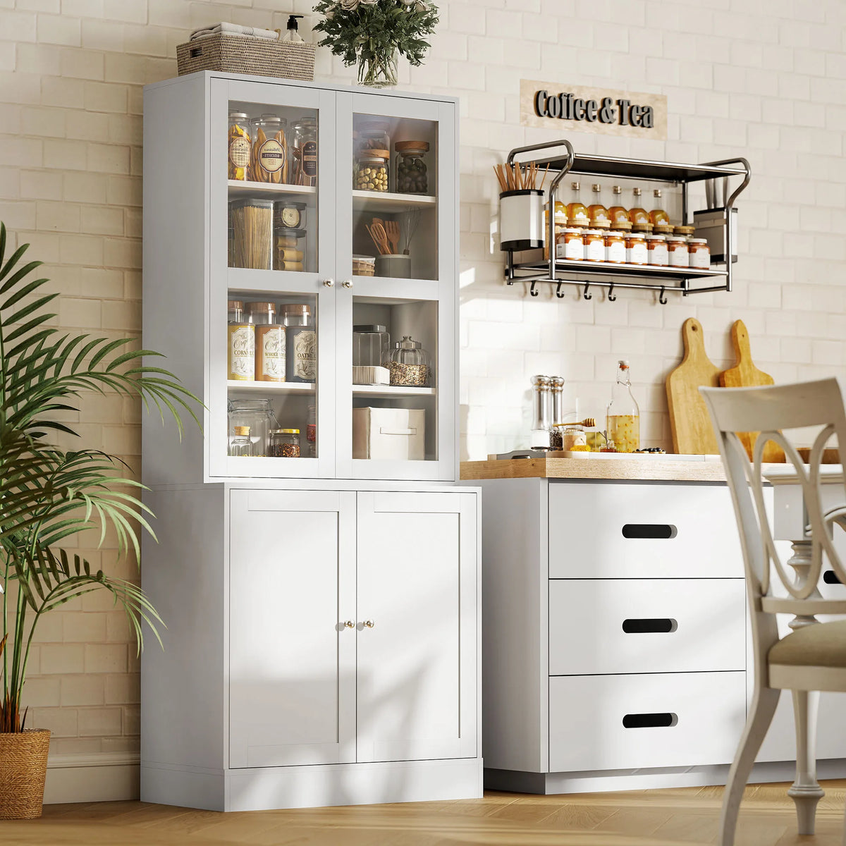 HOMCOM Modern Bookcase with Glass Doors, Display Storage Cabinet with Adjustable Shelves for Living Room, Study, Home Office, Kitchen Cupboard with Small Open Counter, White