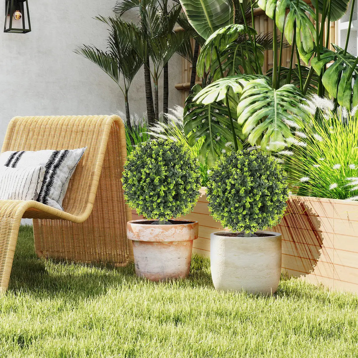 HOMCOM Set of 2 40 cm Artificial Boxwood Topiary Ball Bush with Integrated Ground Stake, Indoor Outdoor UV Resistant Faux Greenery, Faux Plants for Garden, Porch, Balcony