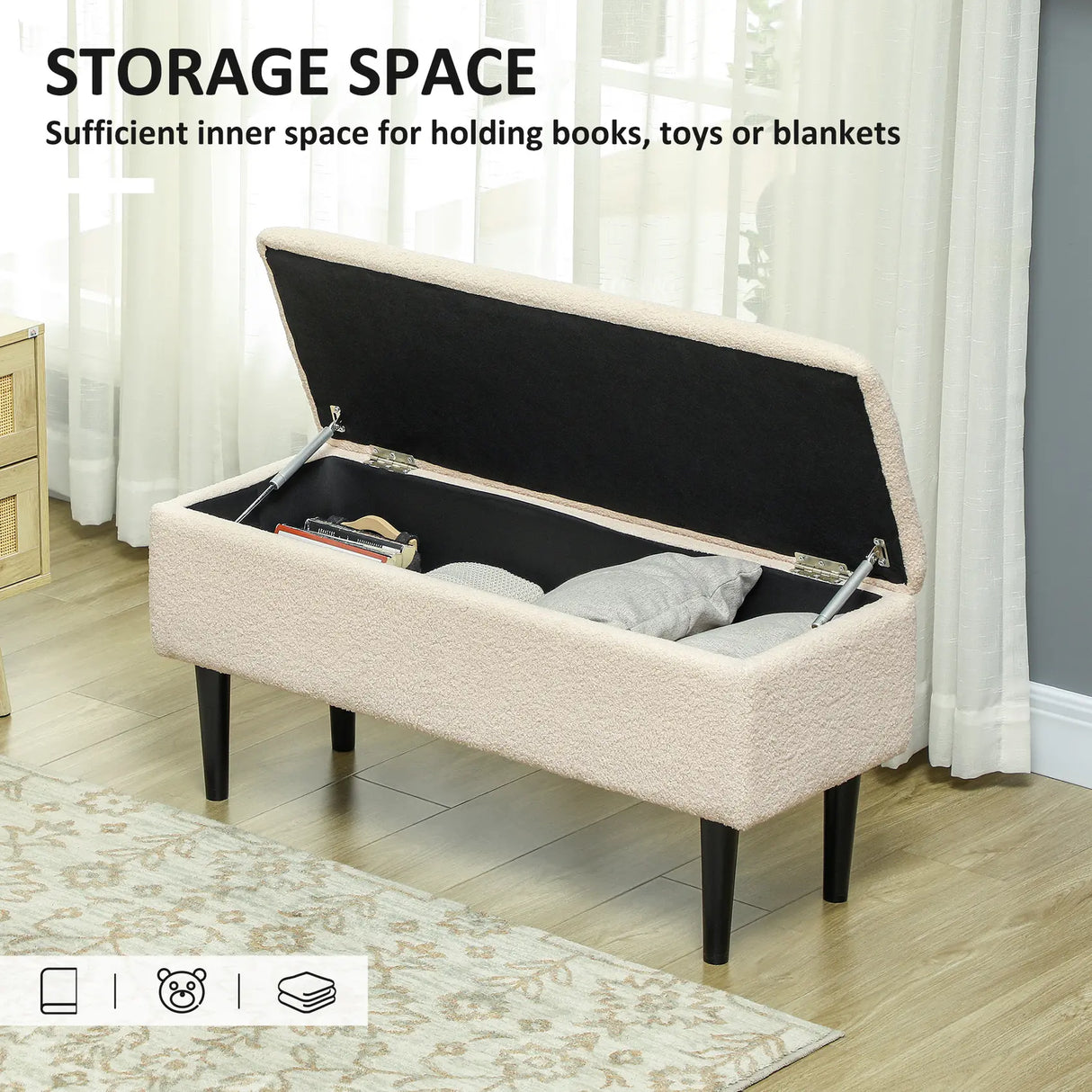 HOMCOM 57L Teddy Fleece Storage Ottoman - Cream