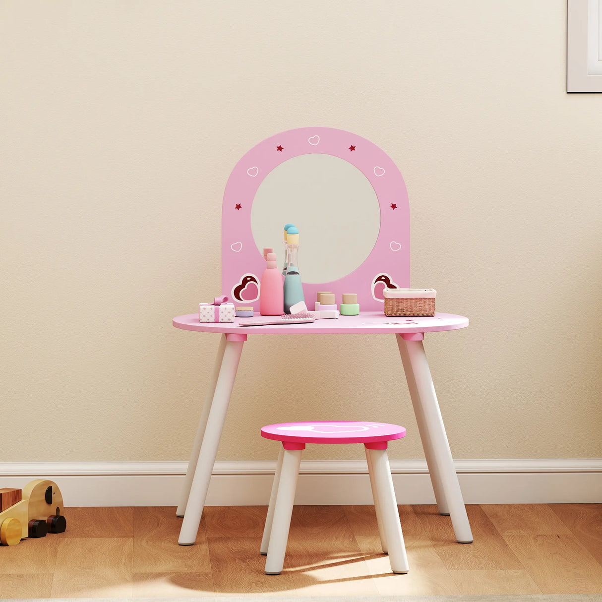 AIYAPLAY Kids Dressing Table with Mirror and Stool, Girls Vanity Set for Kids Room, Bedroom, Nursery, for Ages 36 Years, Pink
