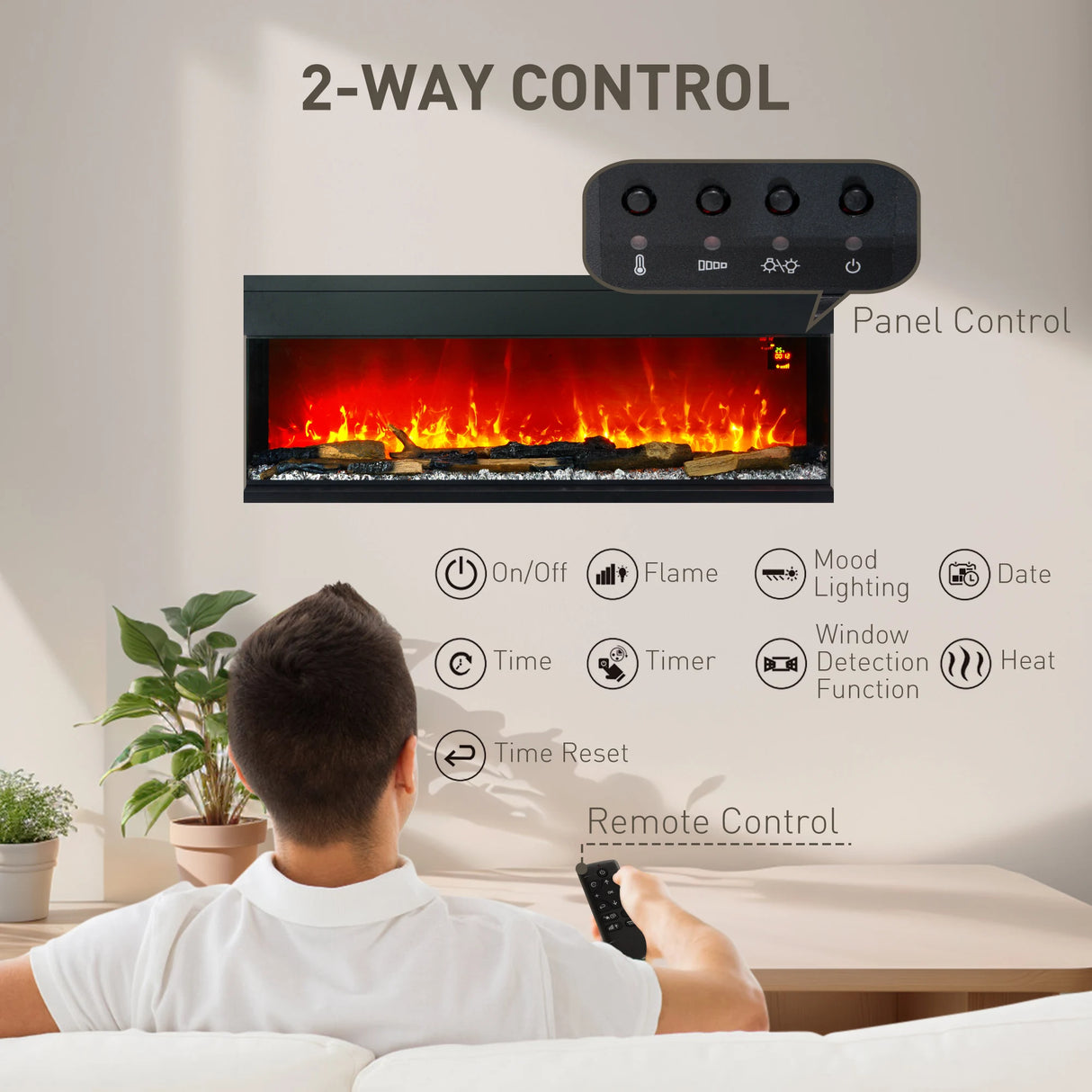 HOMCOM 1800W 15-40 Adjustable Flame Glass Panel Convector Heater, 127cm