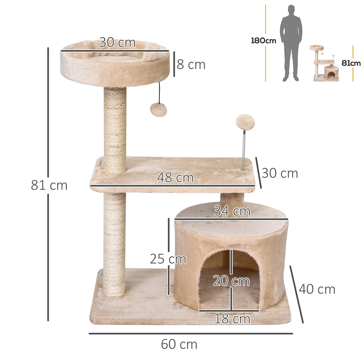 PawHut Cat Tree for Indoor Cats with Scratching Post Climbing Tower Kitty Activity Centre Condo Perch Jumping Platforms Beige 60L x 40W x 81H cm