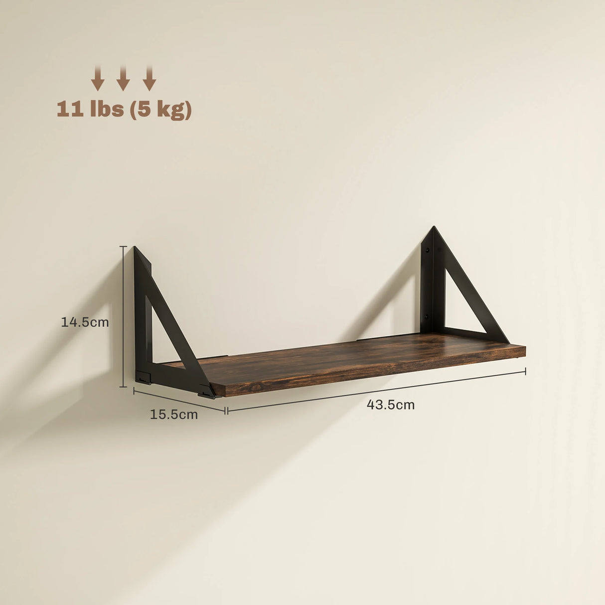 HOMCOM Set of 3 Wall Shelves, 43cm Vintage Wall Mounted Floating Shelves for Living Room, Entryway, Bedroom, Rustic Brown