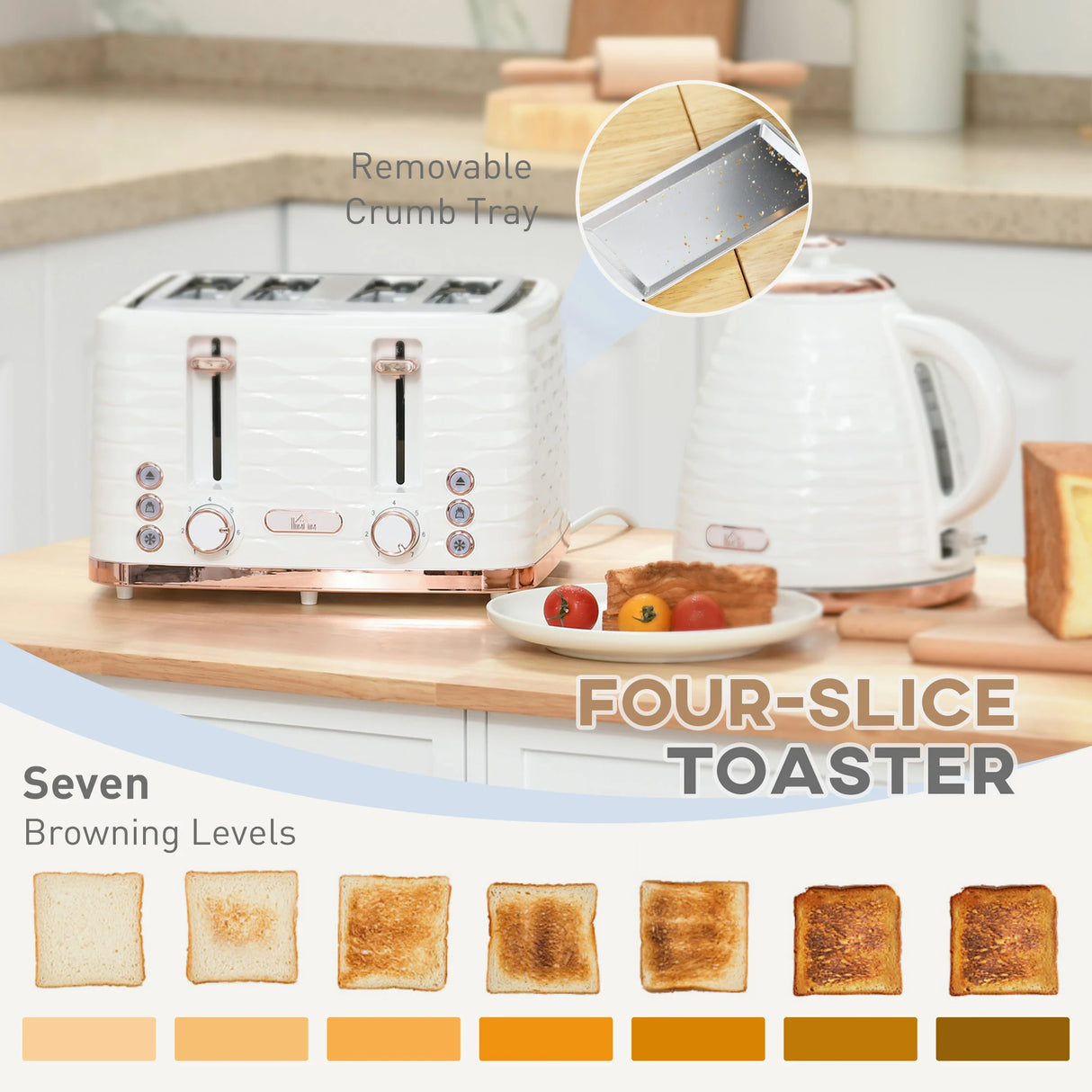 HOMCOM Kettle and Toaster Sets, 3000W 1.7L Rapid Boil Kettle & 4 Slice Toaster with 7 Browning Controls, Defrost, Reheat and Crumb Tray, UK Otter thermostat, Cream White