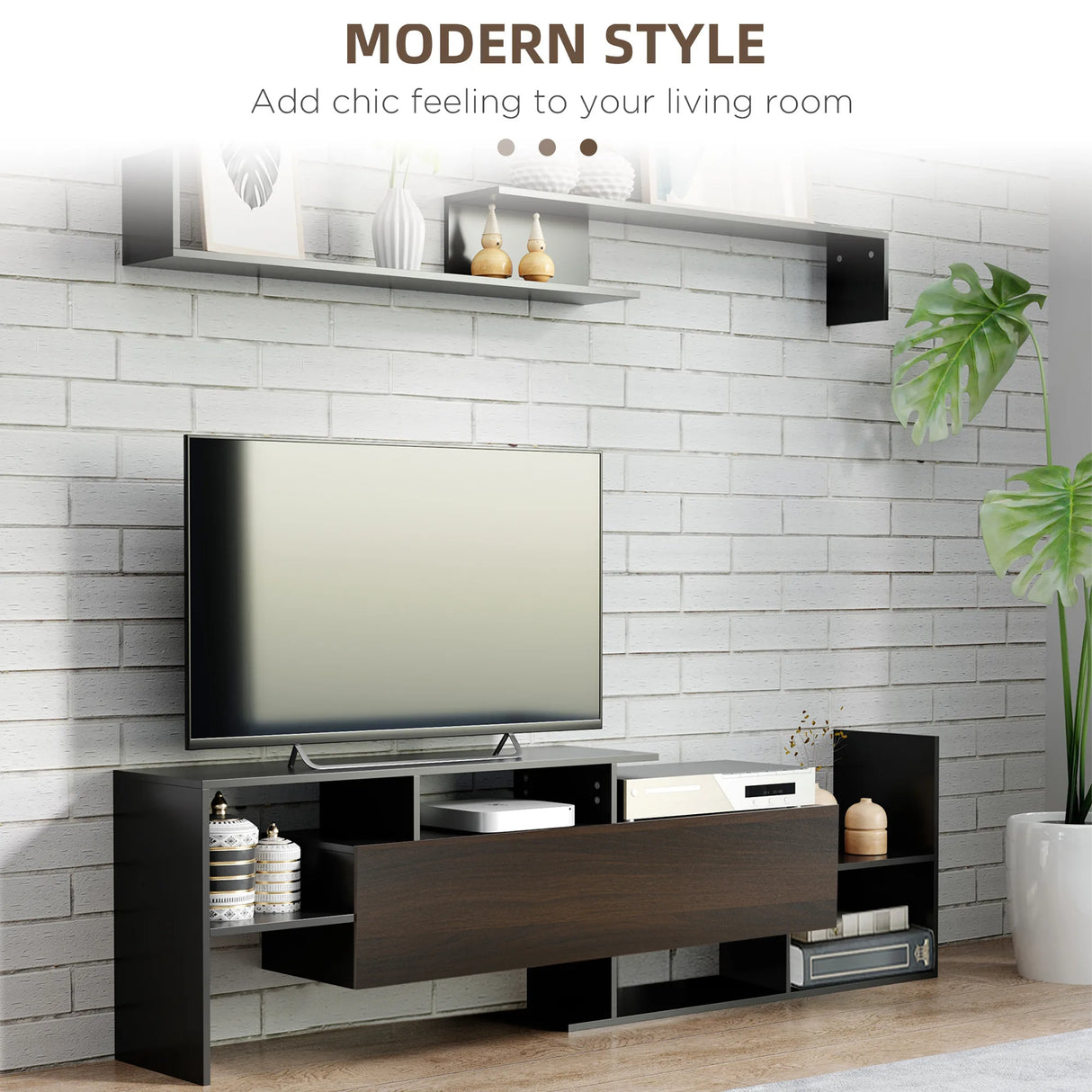 HOMCOM TV Cabinet with Wall Shelf for Wall-Mounted 65" TVs or Standing 40" TVs - Black and Dark Brown