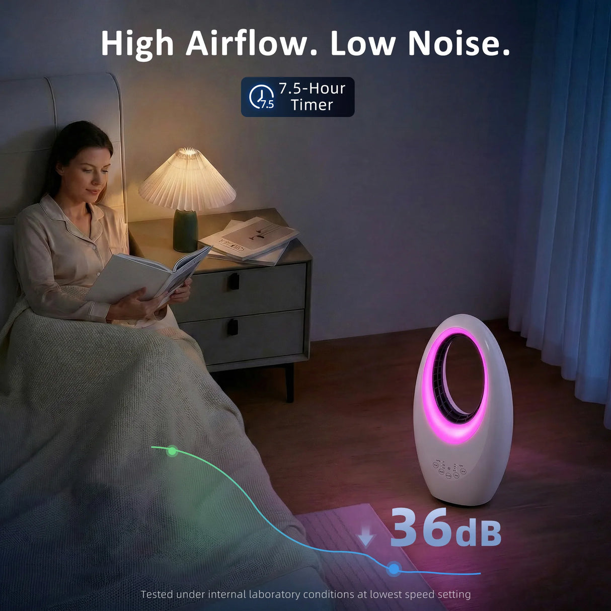 HOMCOM Bladeless Tower Fan, 36dB Standing Cooling Fan with 60 Oscillating, LED Lights, 3 Speeds, 7.5H Timer, Remote Control