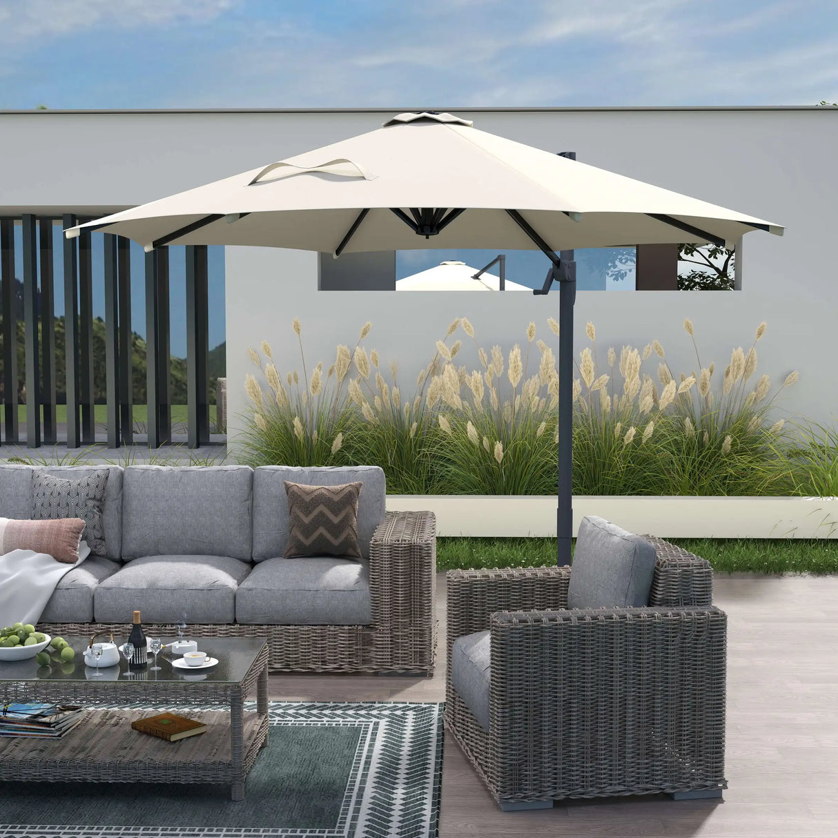 Outsunny Round Umbrella Parasol W/ Tilt 360 Rotation and Hand Crank Cross Base-Beige