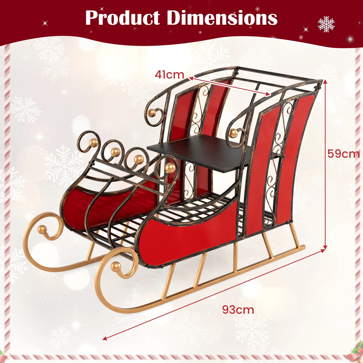 95CM Christmas Metal Sleigh Decoration with 2-Tier Storage Shelf