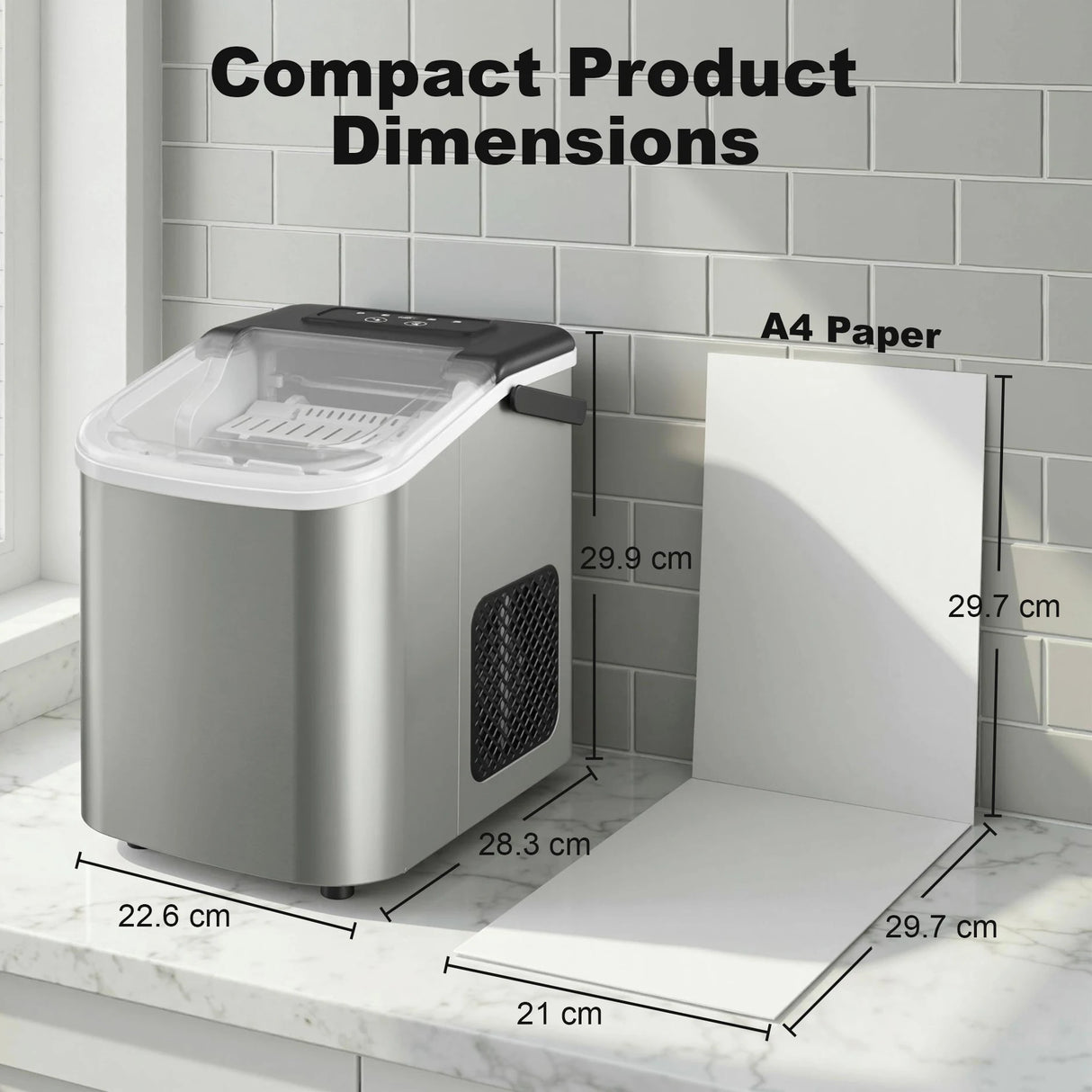 HOMCOM Ice Maker Machine Countertop, 9 Cubes Ready in 7 Mins, 12 KG in 24Hrs, 2 Sizes of Bullet, Self-Cleaning Ice Machine with Portable Handle, Scoop and Basket for Home Kitchen Office RV