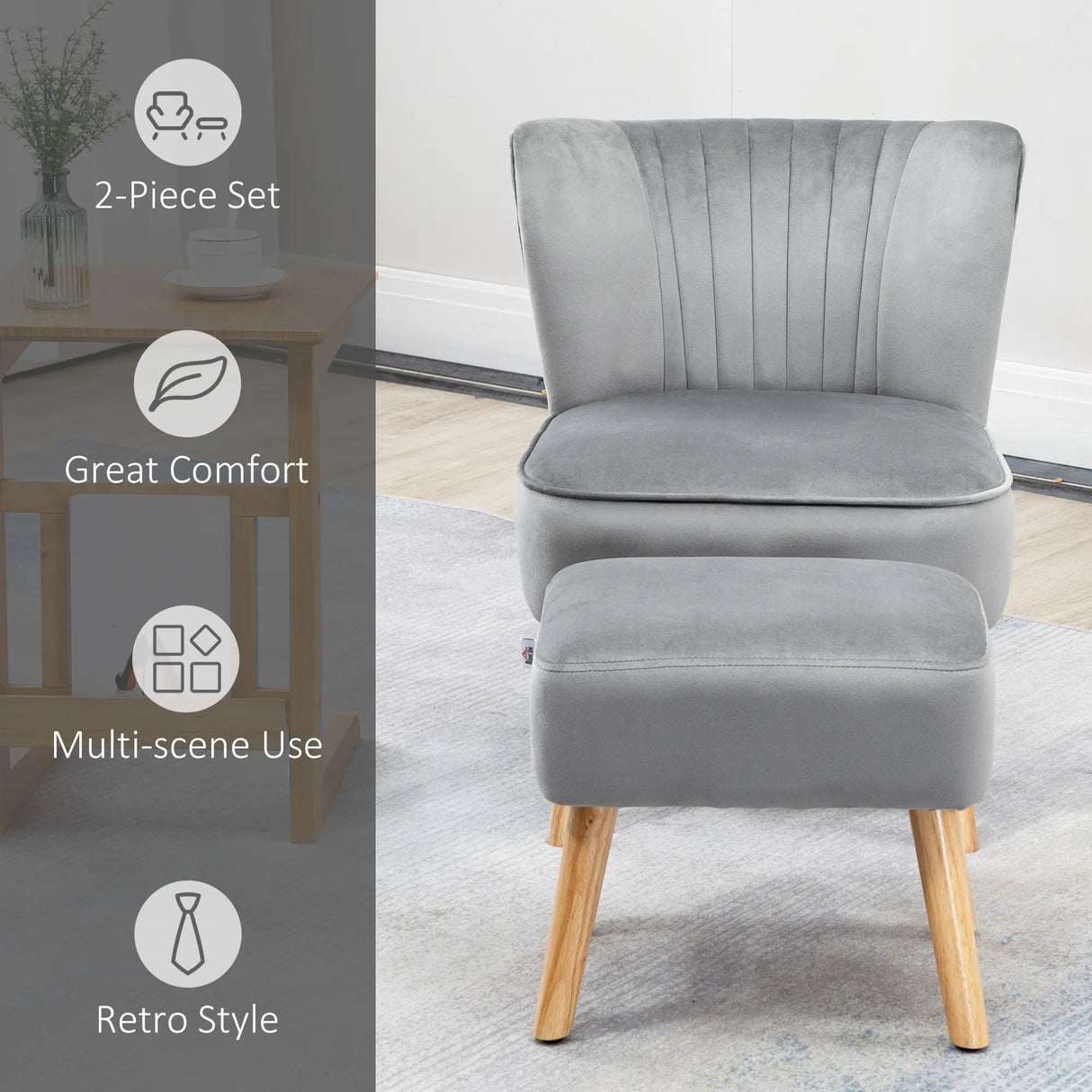 HOMCOM Velvet Accent Chair Occasional Tub Seat Padding Curved Back with Ottoman Wood Frame Legs Home Furniture Light Grey