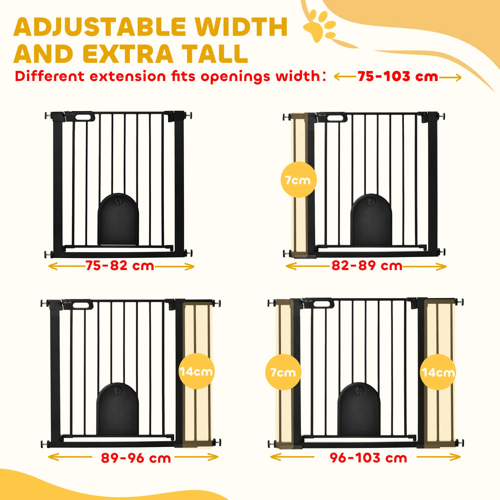 PawHut Dog Gate with Cat Flap Pet Safety Gate Barrier, Stair Pressure Fit, Auto Close, Double Locking, for Doorways, Hallways, 75-103 cm Black