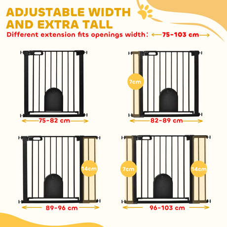 PawHut Dog Gate with Cat Flap Pet Safety Gate Barrier, Stair Pressure Fit, Auto Close, Double Locking, for Doorways, Hallways, 75-103 cm Black