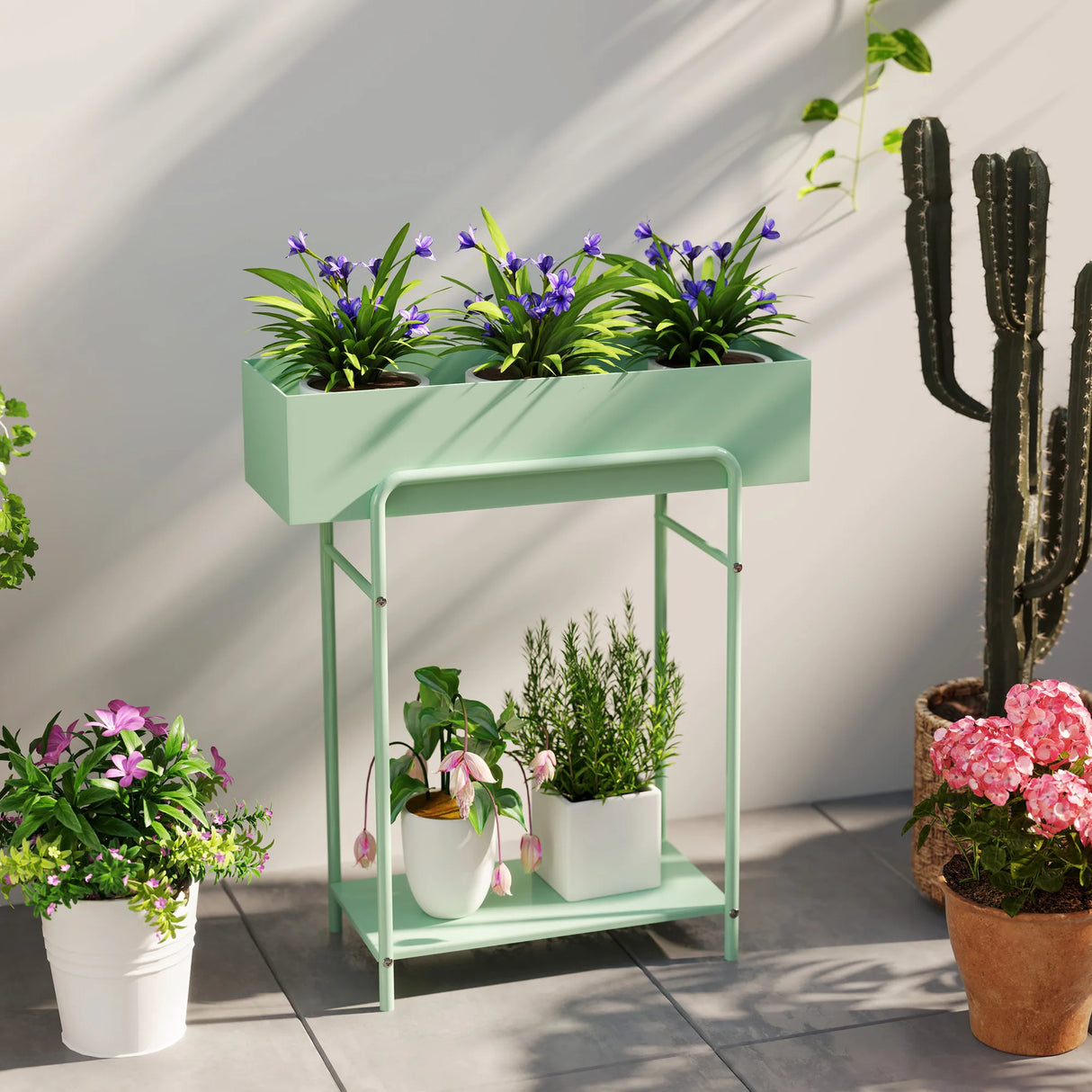 Outsunny 2 Tier Plant Stand, Metal Plant Rack Shelf with Drain Holes, Floor-standing Flower Pot Stand for Indoor Outdoor Garden Patio Balcony Living Room, Green