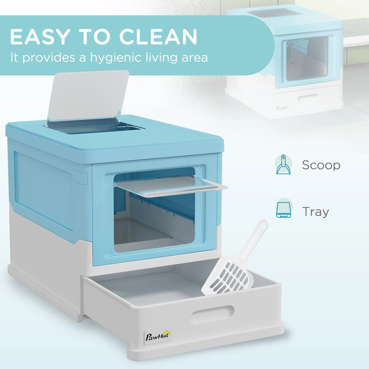 PawHut Hooded Cat Litter Box, Portable Pet Toilet, with Scoop, Front Entry - Light Blue