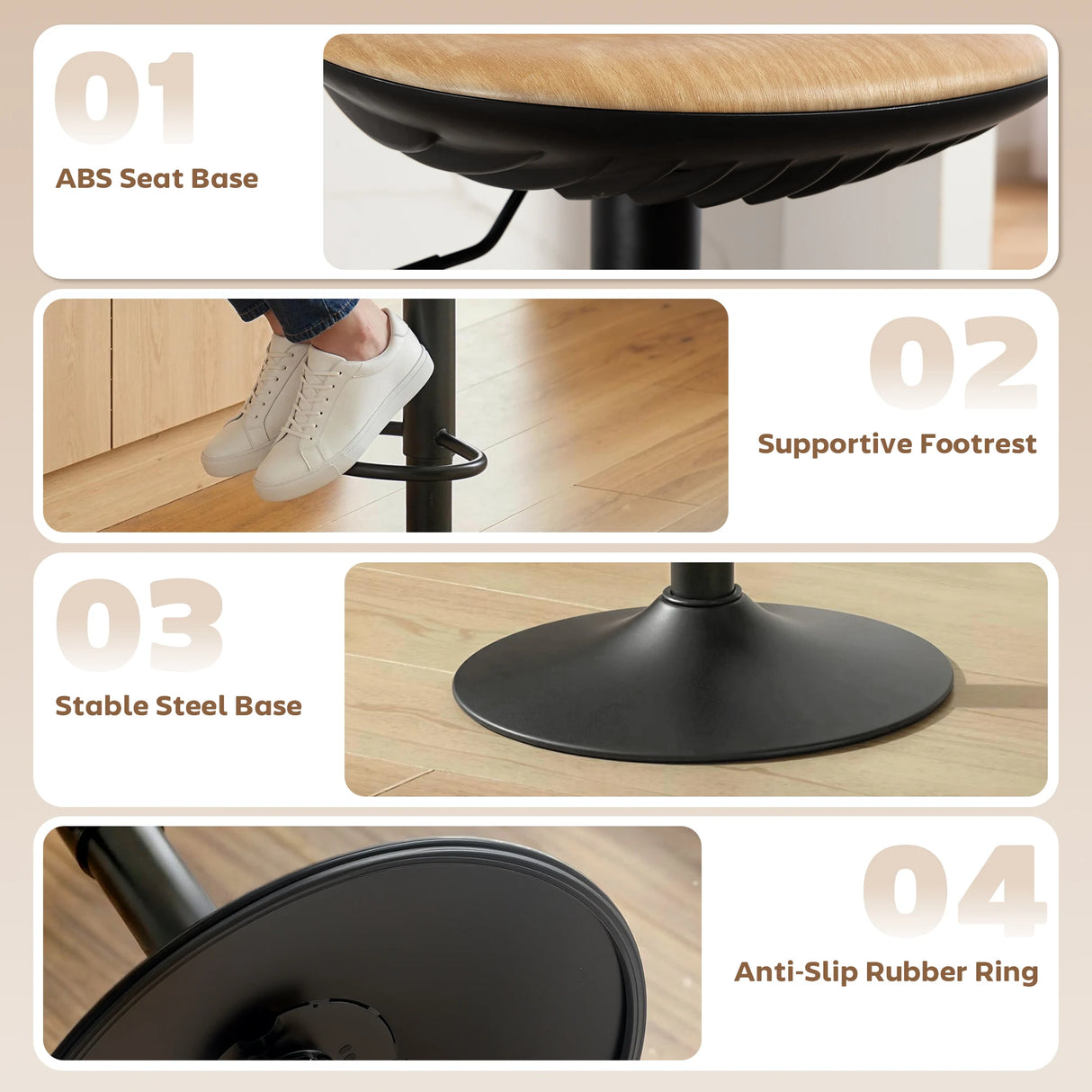 HOMCOM Set of 2 Barstools PU Leather Kitchen Stools with Saddle Seat Height Adjustable Swivel Kitchen Chairs with Footrest Oak