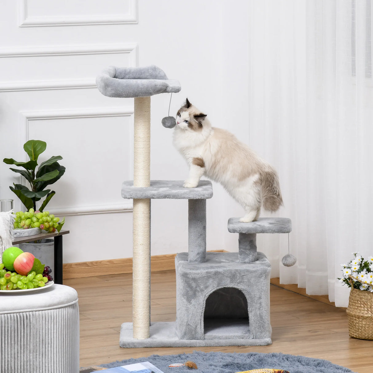 PawHut Cat Tree Tower for Indoor Cats 114cm Climbing Activity Centre Kitten with Sisal Scratching Post Perch Hanging Ball Condo Toy Light Grey
