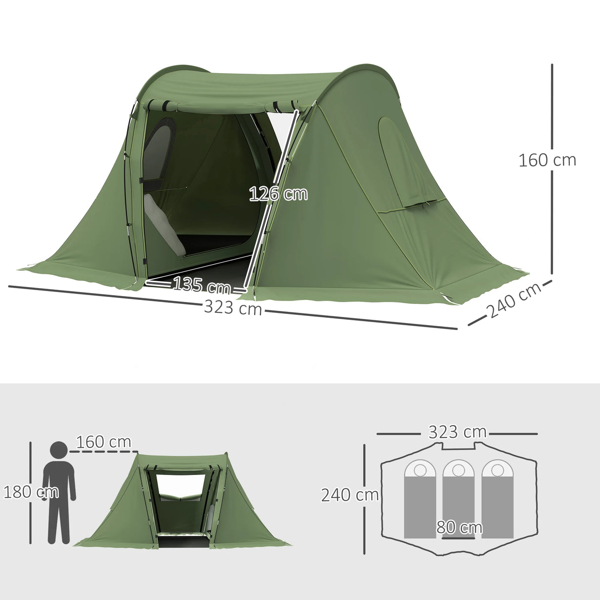 Outsunny 3 Man Camping Tent with Living Area and 2 Bedrooms, 3000mm Waterproof Family Tent with Sewn-in Groundsheet and bag, Portable Dome Shelter for Hiking, Festival, Backpacking, Green