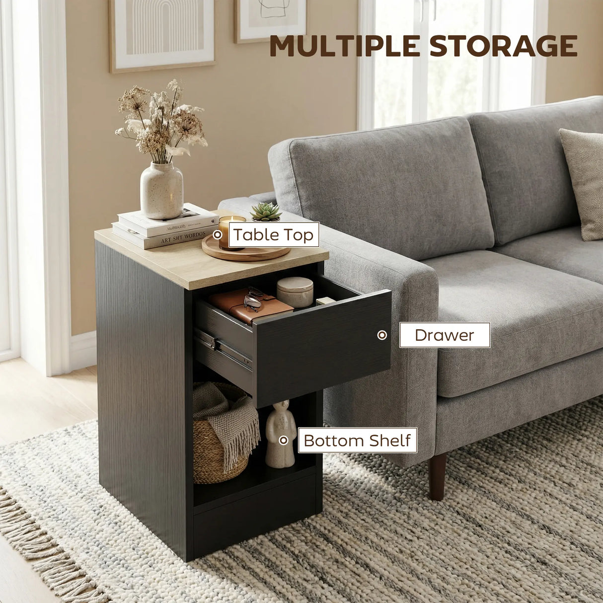 HOMCOM Set of Two Modern Storage Bedside Tables - Black
