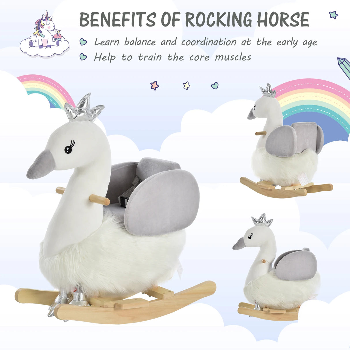 HOMCOM Kids Rocking Horse, Children Plush Ride On Swan Animal Rocker w/ Sound, Wood Base Seat, Safety Belt, Baby Toy Rocker for Toddler 18 - 36 Months, White and Grey