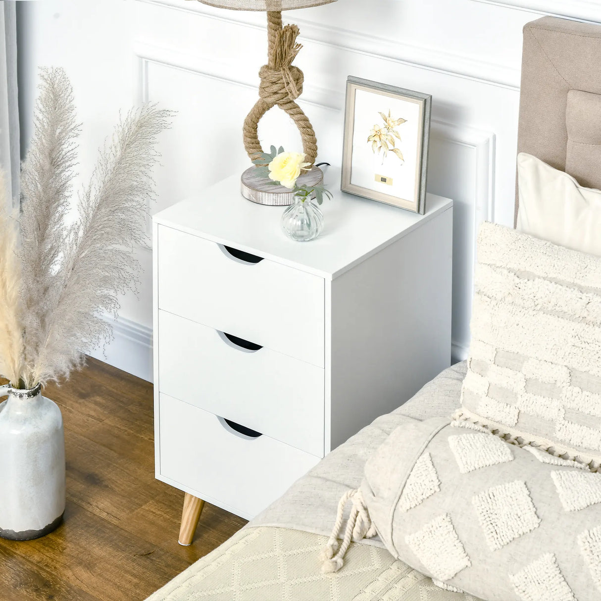 HOMCOM Bedside Table, Bedside Cabinet with 3 Drawers, Side End Table with Pine Wood Legs for Bedroom Living Room, Cream White