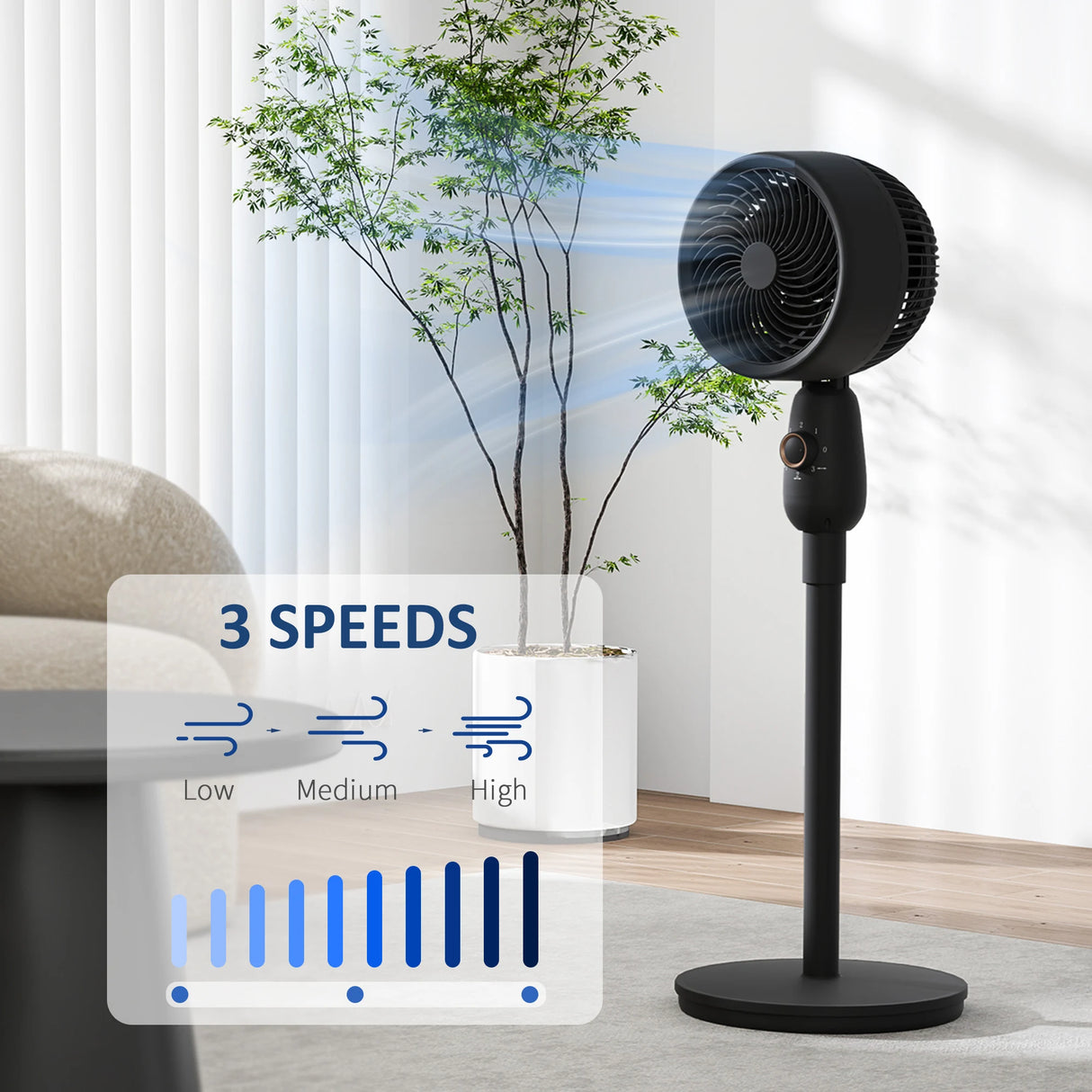 HOMCOM Pedestal Fan, Powerful Air Circulator, 12 Inch Floor Standing Fan with 3 Speed Settings, Oscillating Function for Bedroom, Home and Office, Black