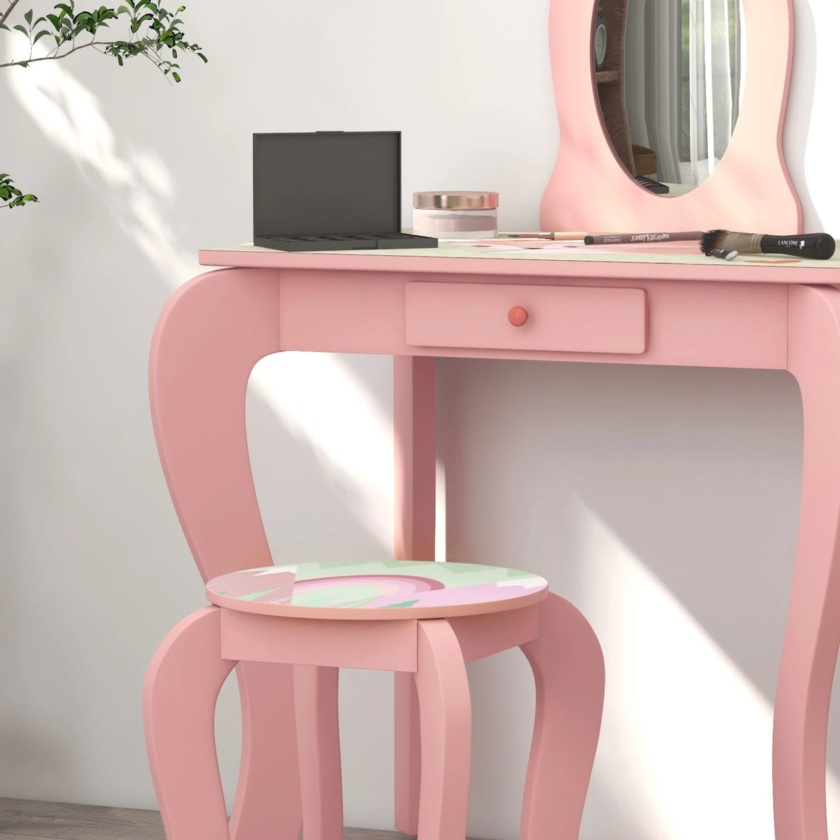 ZONEKIZ Kids Dressing Table with Mirror, Stool, Drawer, Cute Animal Design - Pink