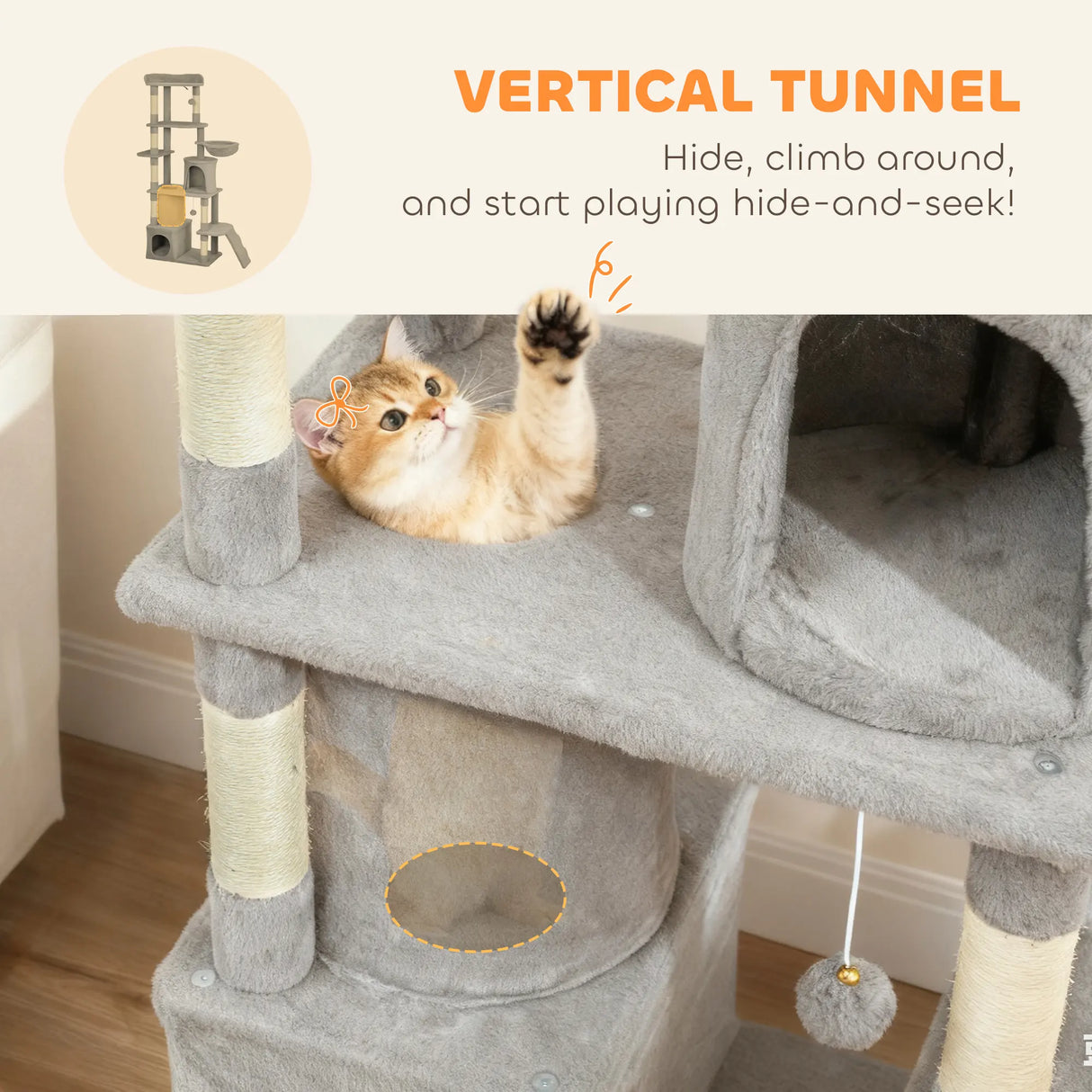 PawHut 170 cm Large Cat Tree, Cat Tower with 7 Scratching Posts, Tunnel, 2 Condos, Hammock, Perch, Ramp, Pompoms, Light Grey