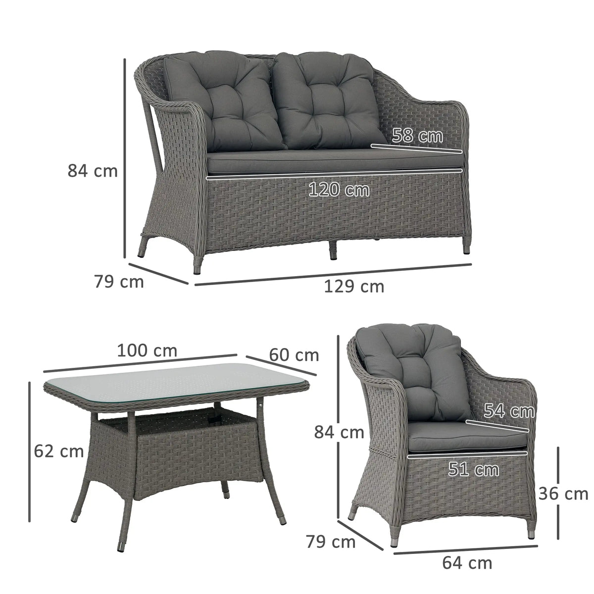 Outsunny Four-Piece Rattan Set, with Glass-Top Table - Light Grey