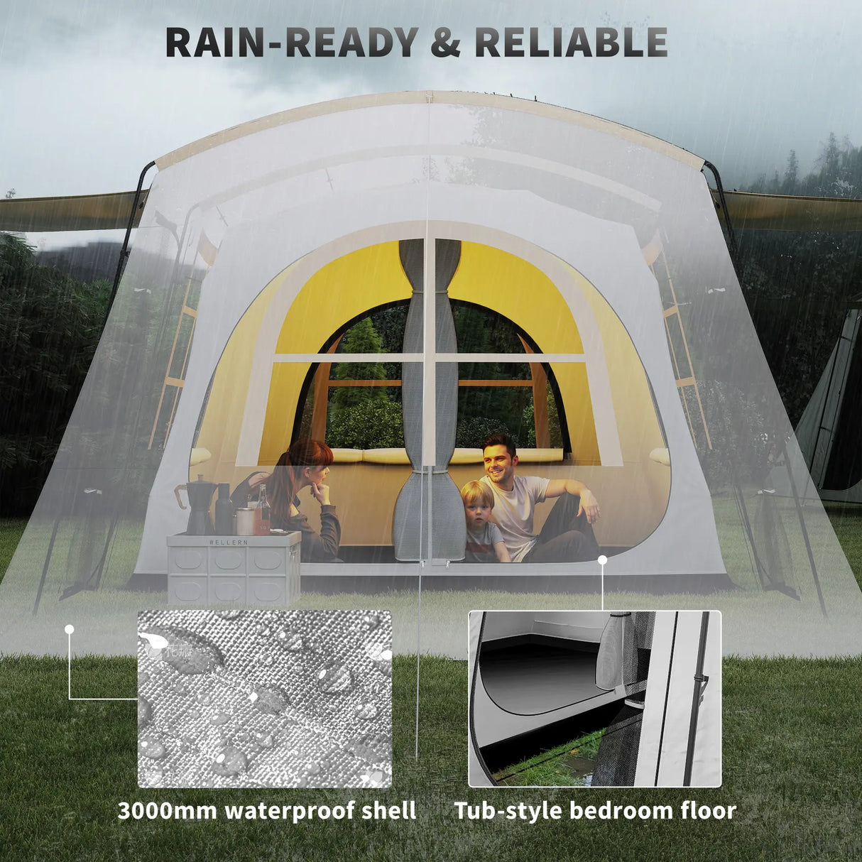 Outsunny 4 Man Tunnel Tent, Family Camping Tent with Porch, Bedroom and Living Area, Sewn in Groundsheet, 3000mm Waterproof, Portable with Bag for Hiking, Festival, Backpacking, Khaki