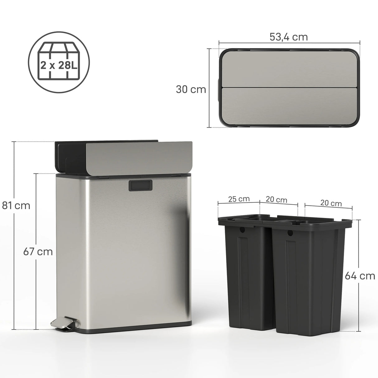 HOMCOM Dual Kitchen Bin with Soft-Close Butterfly Lid, 2 x 28L Stainless Steel Pedal Bin with Removable Inner Buckets, Fingerprint-Proof for Recycling and Waste, Silver Tone