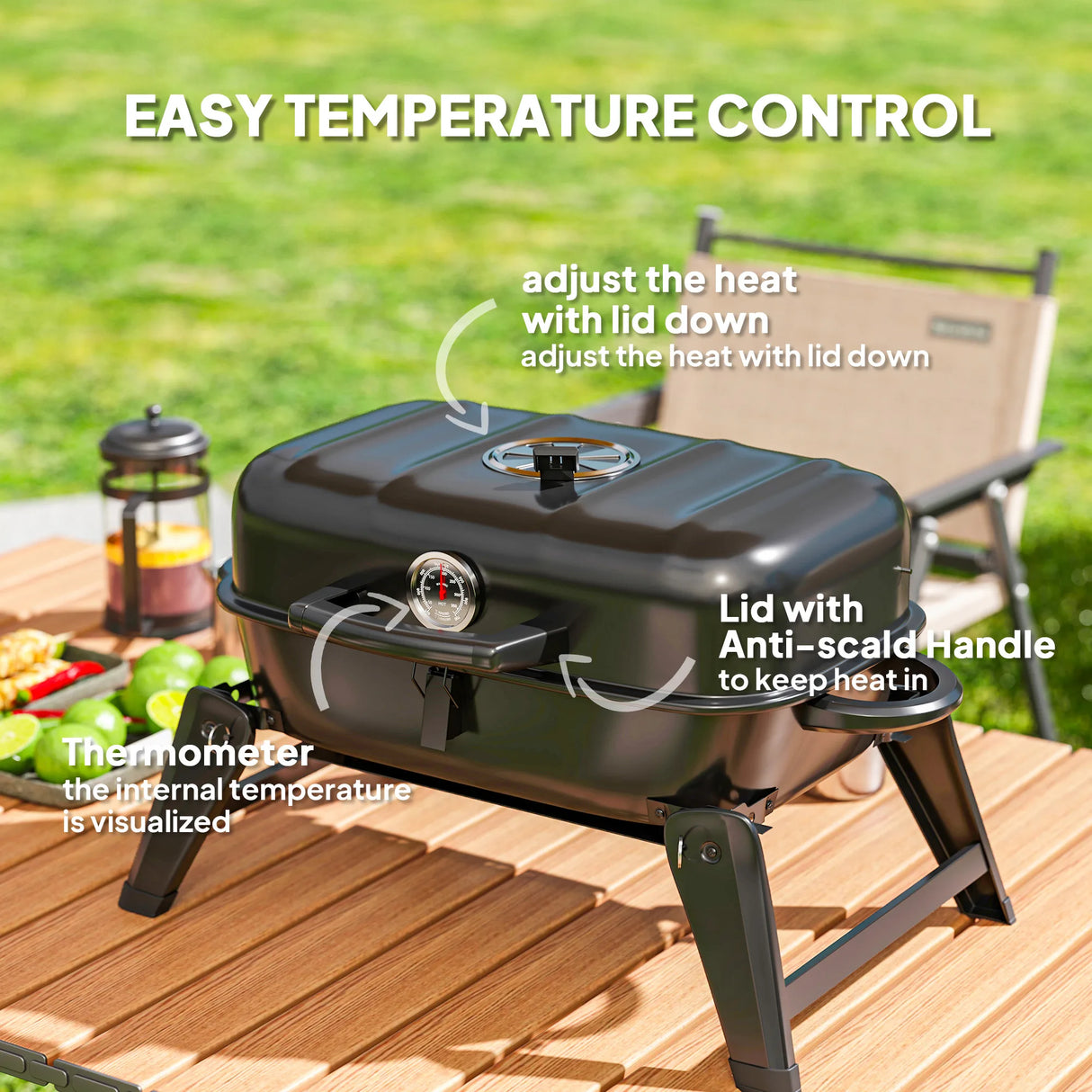 Outsunny Charcoal Barbecue Grill Folding BBQ Grill with 1232 cm2 Cooking Area, Adjustable Vent, Thermometer, Handles for Camping Picnic, Black