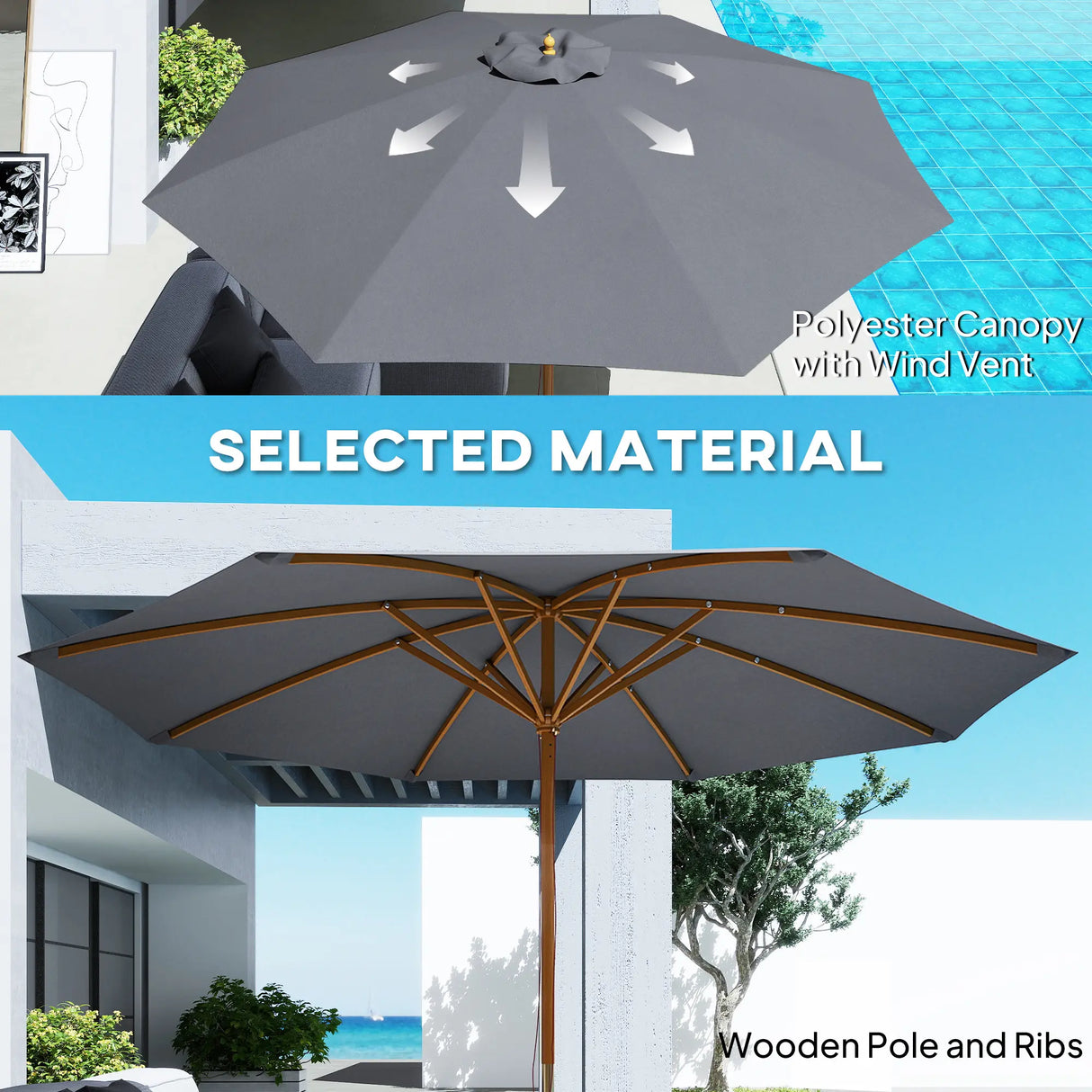 Outsunny 3m Wood Pole Parasol Umbrella - Grey