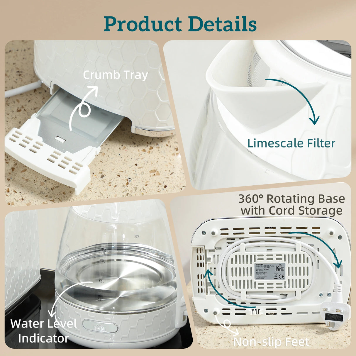 HOMCOM Kettle and Toaster Set, 1.7L 3000W Rapid Kettle with Limescale Filter, 2 Slice Toaster with 7 Browning Controls, Cream