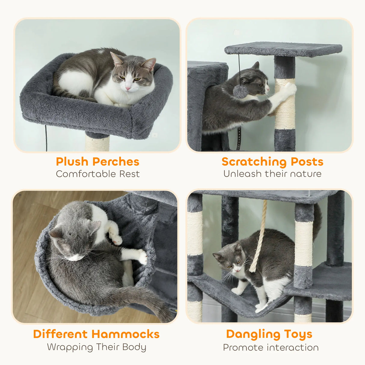 PawHut 202cm Large Cat Tree with 6 Scratching Posts, 2 Hammocks, 2 Condos, 2 Perches, Pompoms, for Indoor Cats to Rest and Play