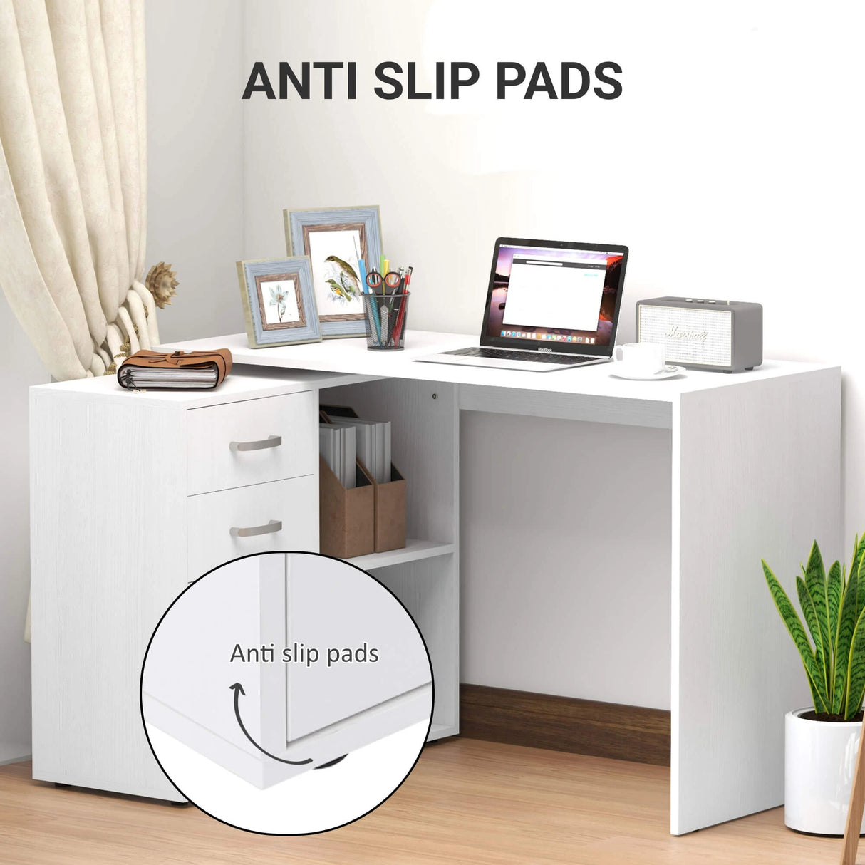 HOMCOM L Shaped Computer Desk, Reversible Home Office Desk with Drawers, File Cabinet and Storage Shelves, Study Table, 117 x 83.5 x 76cm, White